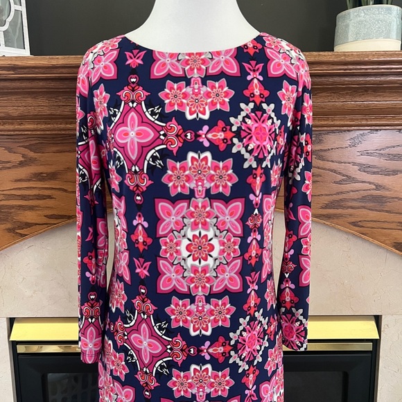 Vince‎ Camuto Pink and Blue Lined Floral Geometric Sheath Dress Size 4 - Picture 3 of 13